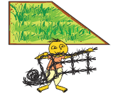 Farmer holding a roll of wire.