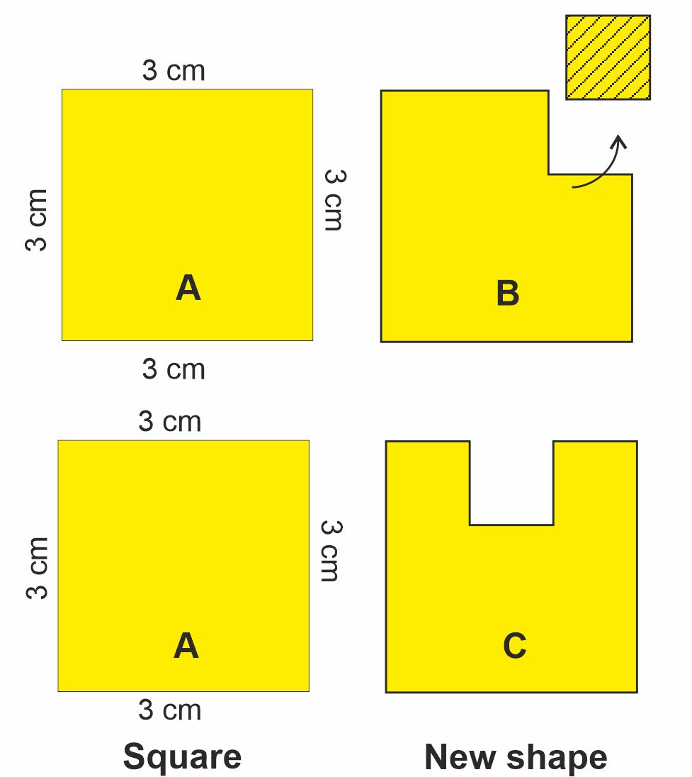 Square 'A' has side as 3 cm. A 1 cm square is cut from the corner to get square 'B.' A 1 cm square is cut from middle of a side of square 'A' to get a new shape 'C.'