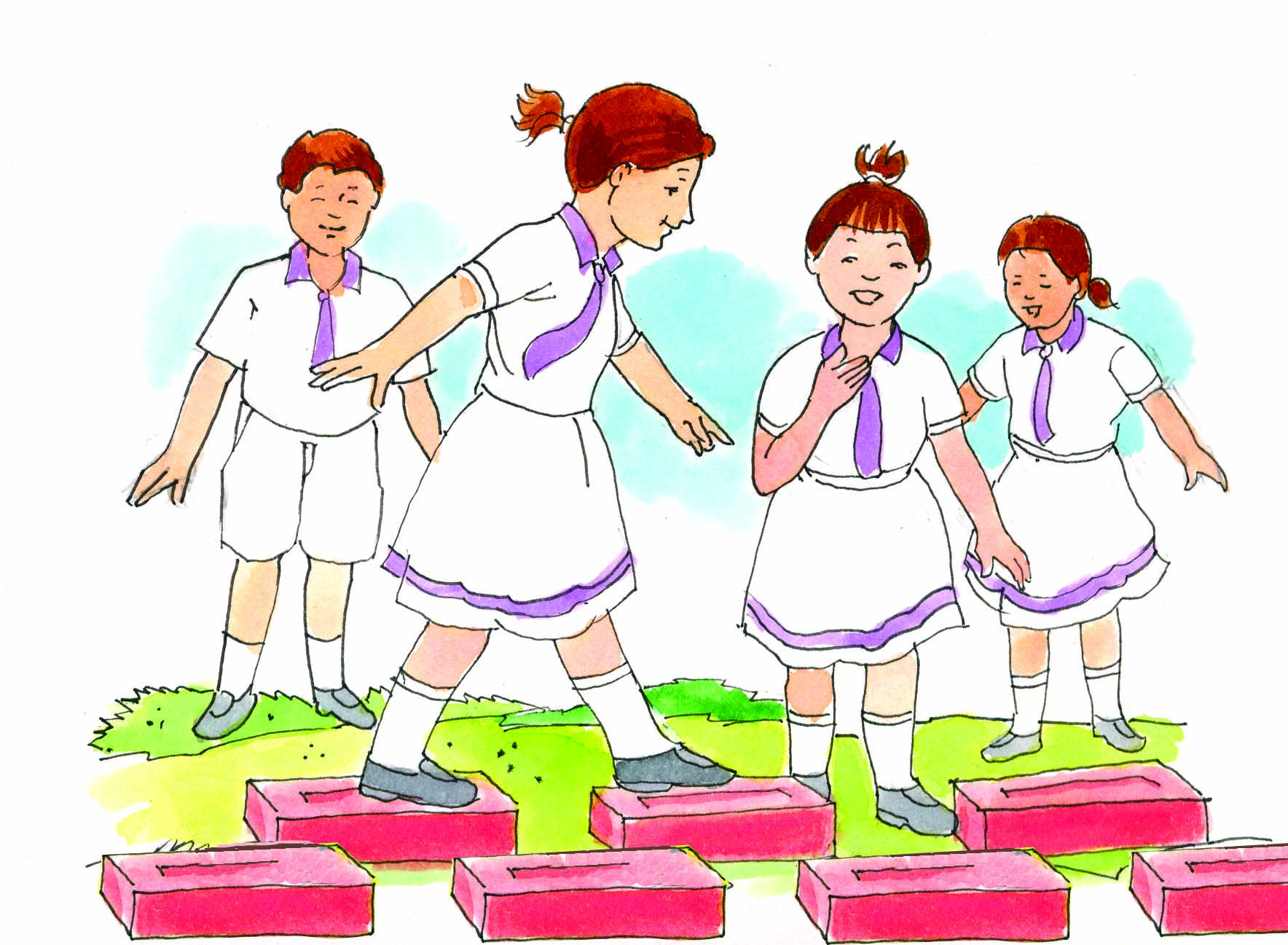 कुछ स्कूल के बच्चे ईंटों पे चल रहे हैं 