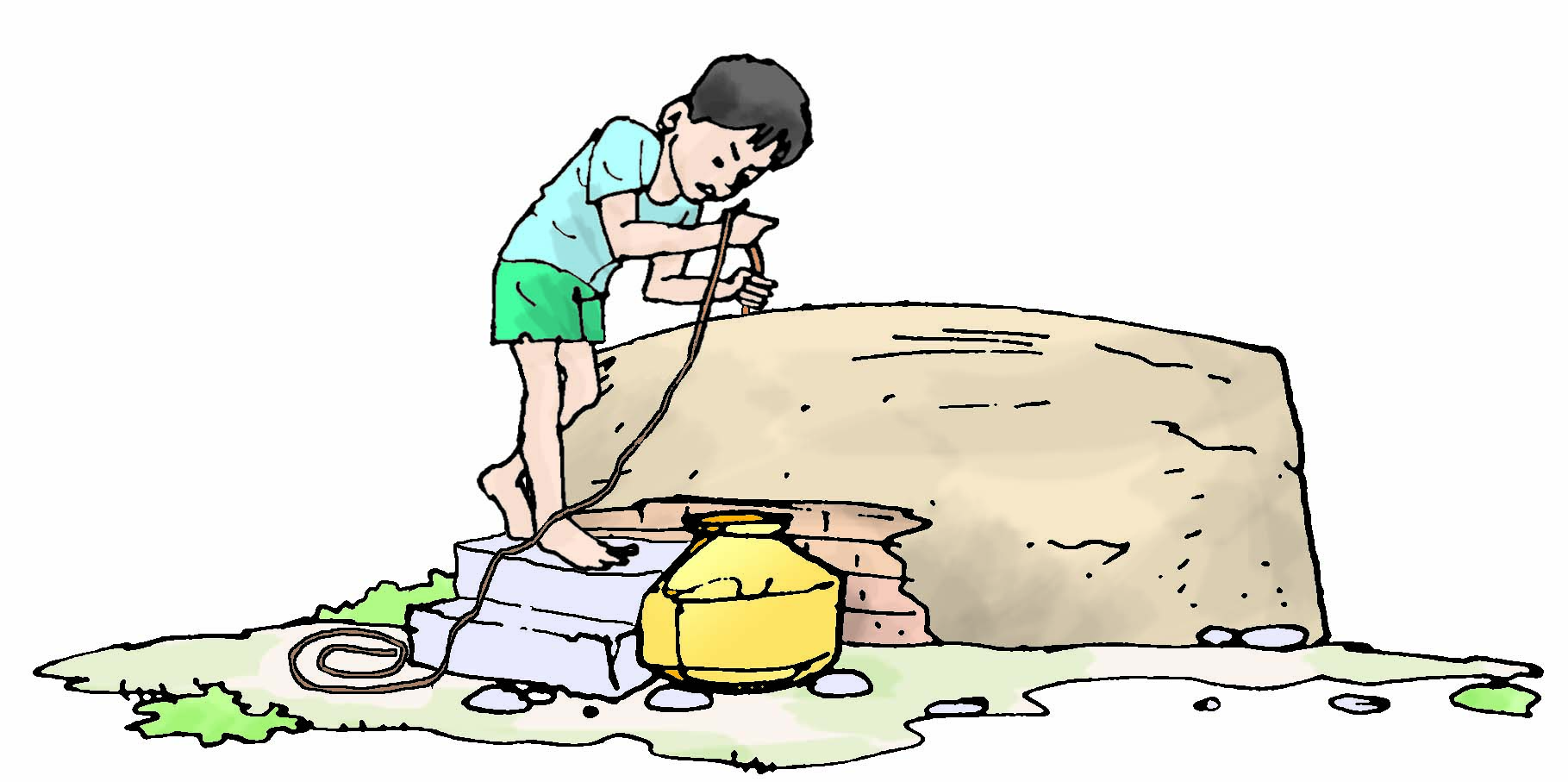 चित्र नंबर 1- बच्चा कुँए से बाल्टी खींच रहा है