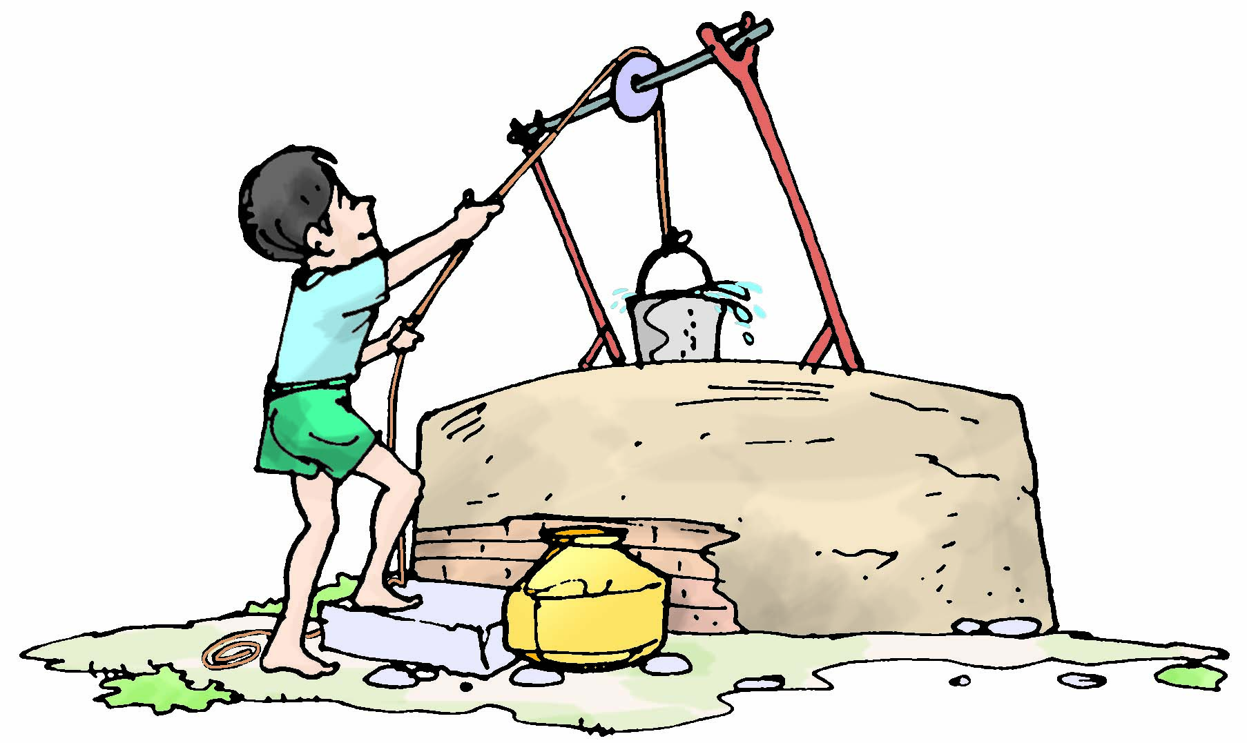 चित्र नंबर 2 - बच्चा कुँए से पुली का प्रयोग करते हुए बाल्टी खींच रहा है 