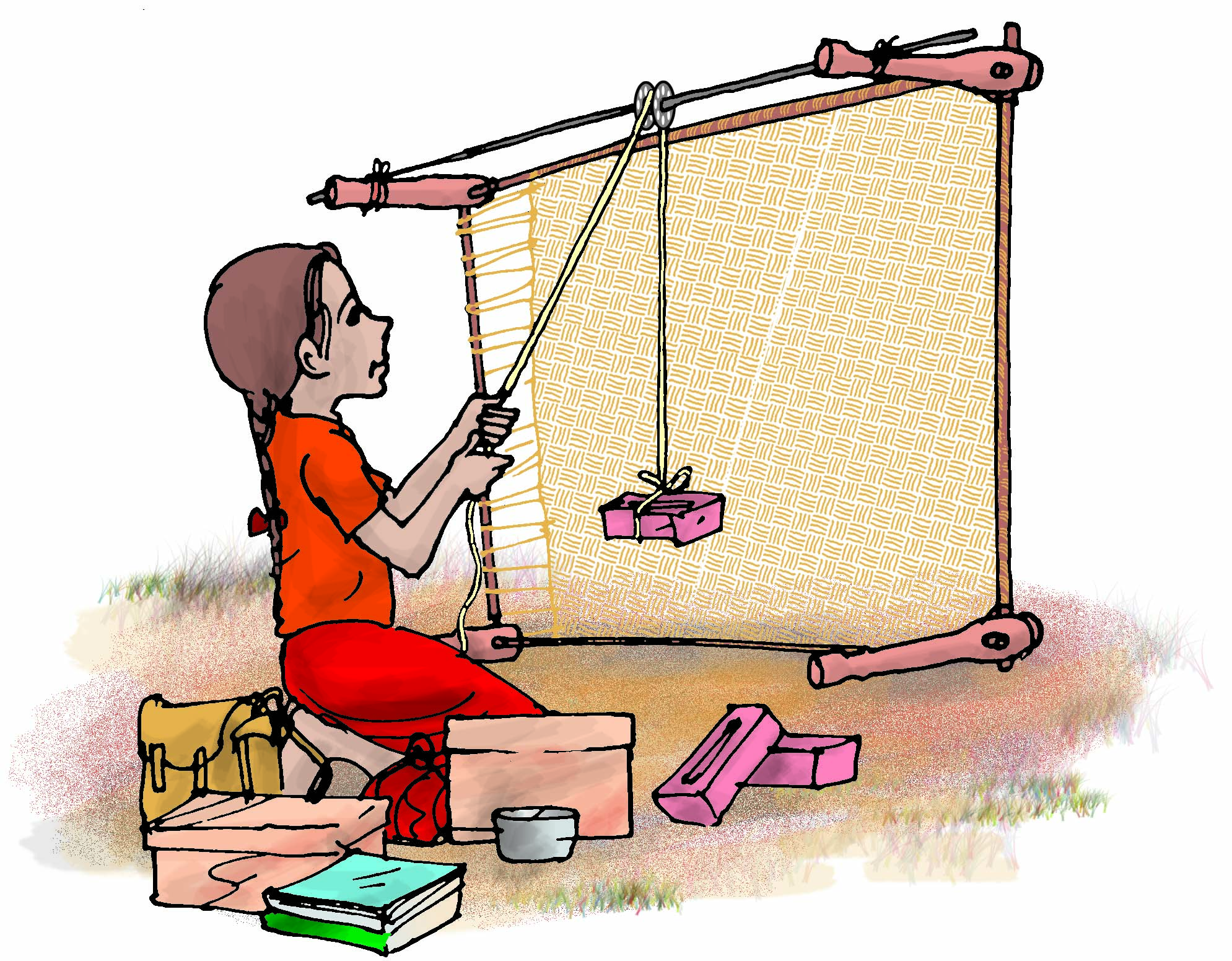 लड़की पुली का प्रयोग करते हुए ईंट खींच रही है 