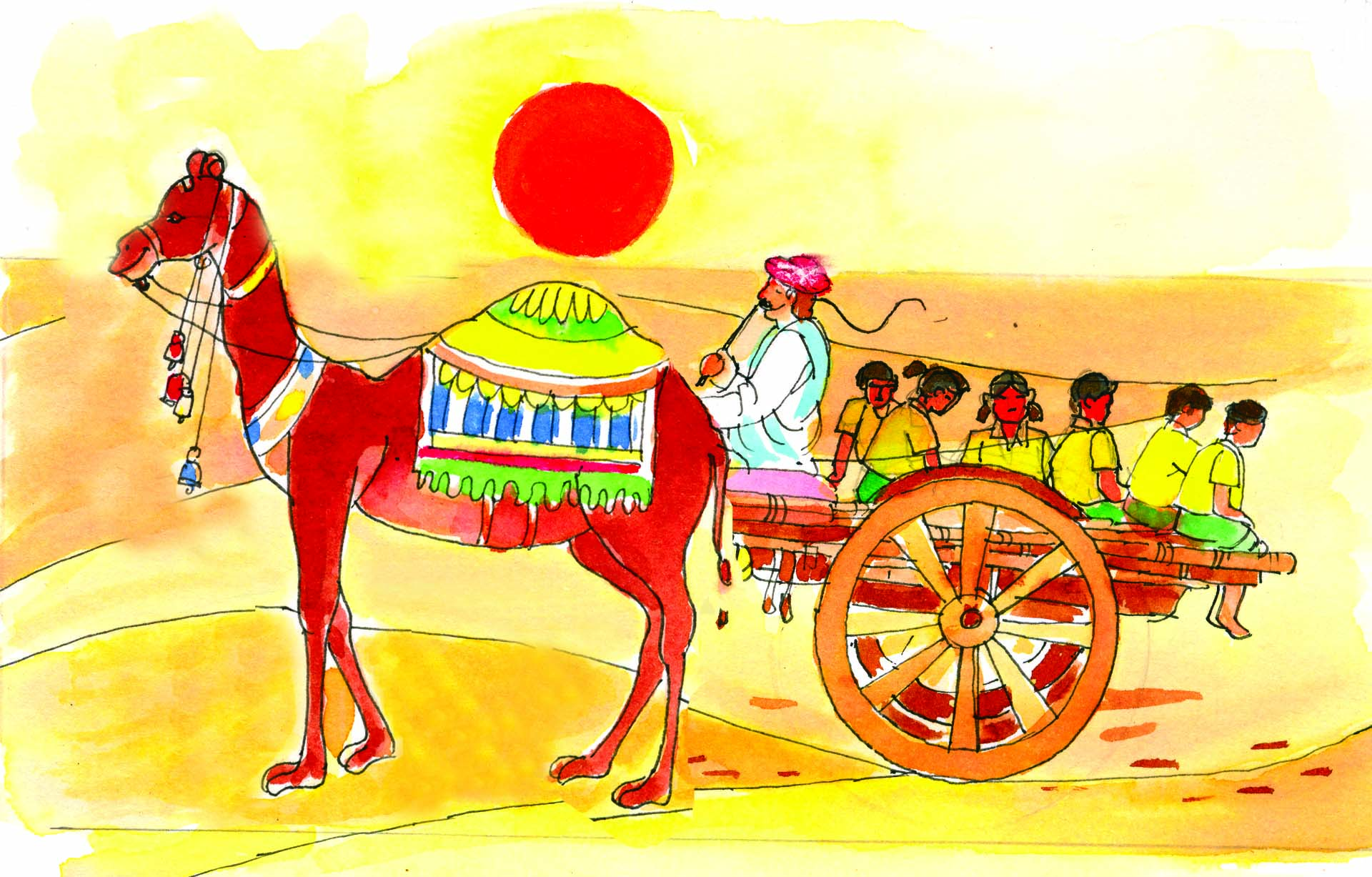 राजस्थान में बच्चे ऊँट-गाड़ी पर बैठे हैं