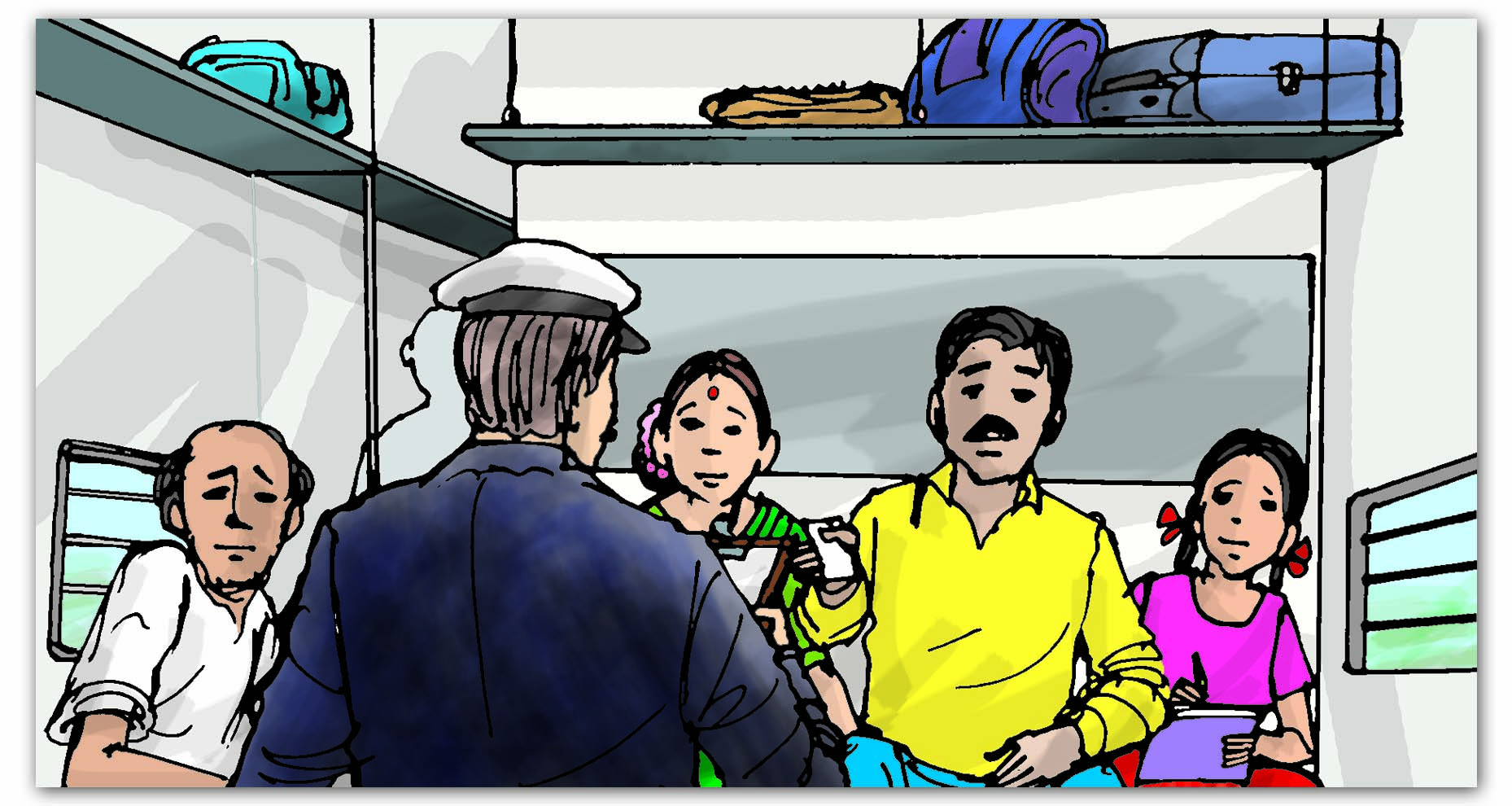 A ticket collector and passengers inside the train.