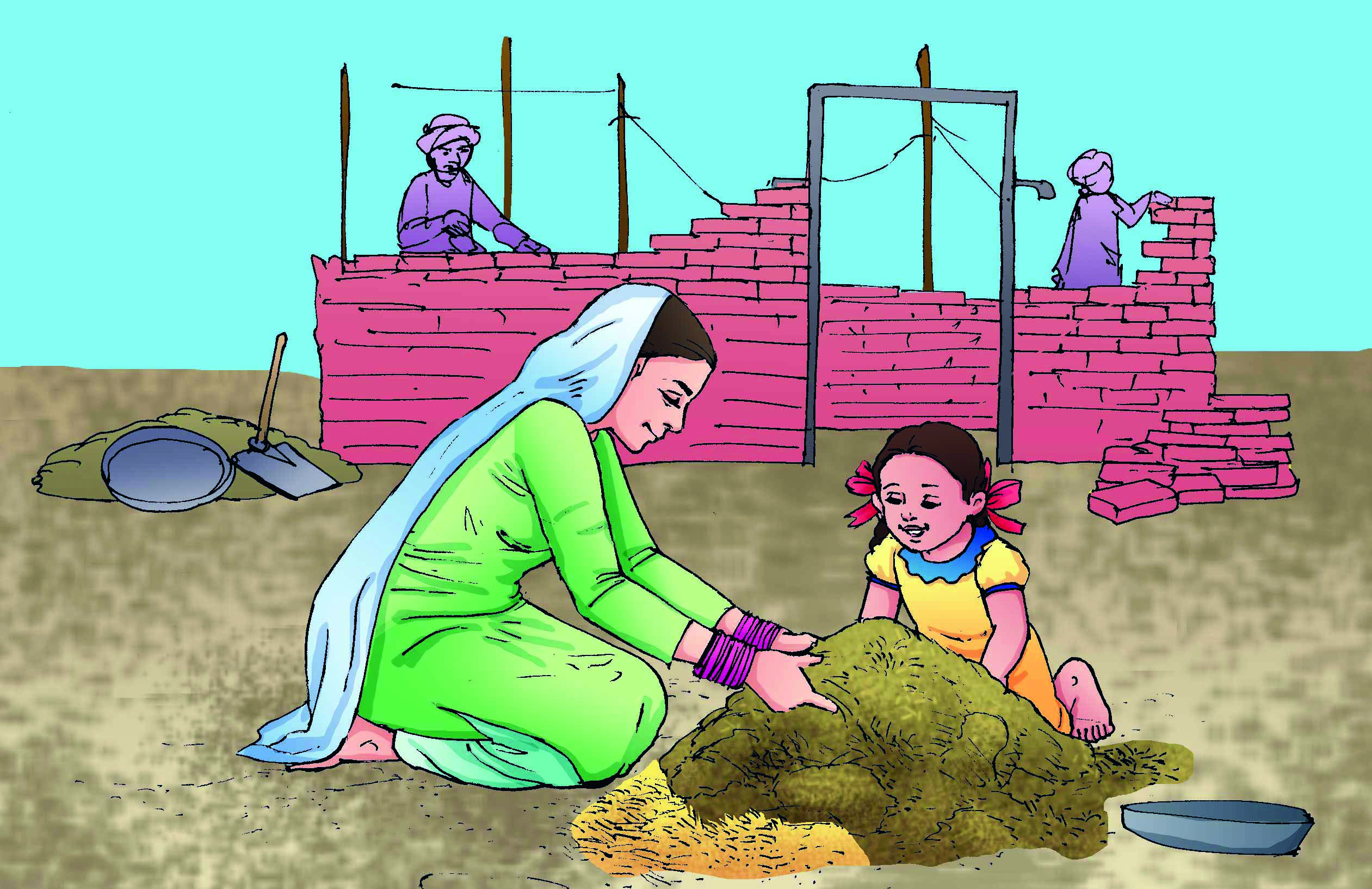 एक औरत और छोटी लड़की मिट्टी में भूसा मिल रहे हैं