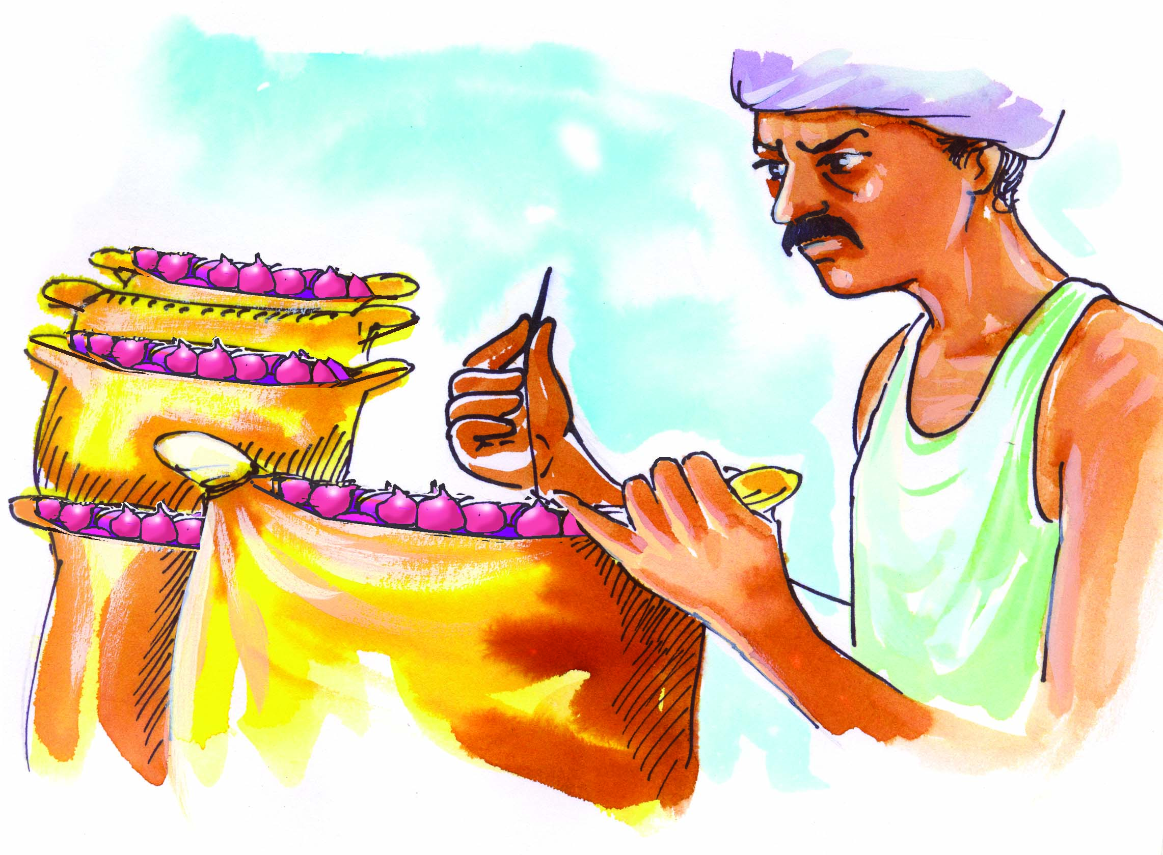 किसान प्याज की बोरी बांध रहा है