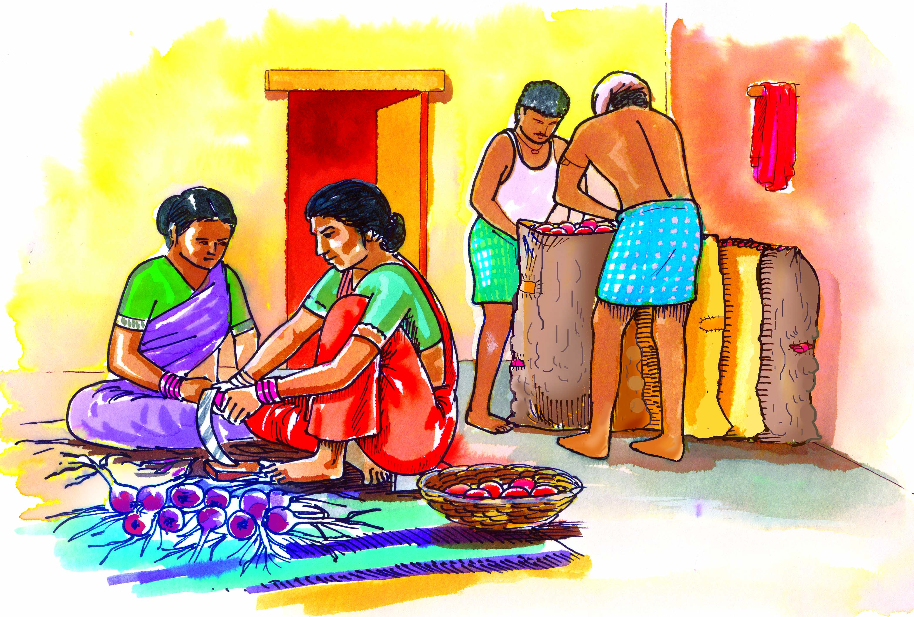 औरतें प्याज़ को पौधे से अलग कर रही हैं और आदमी प्याज़ बोरियों में भर रहे हैं  