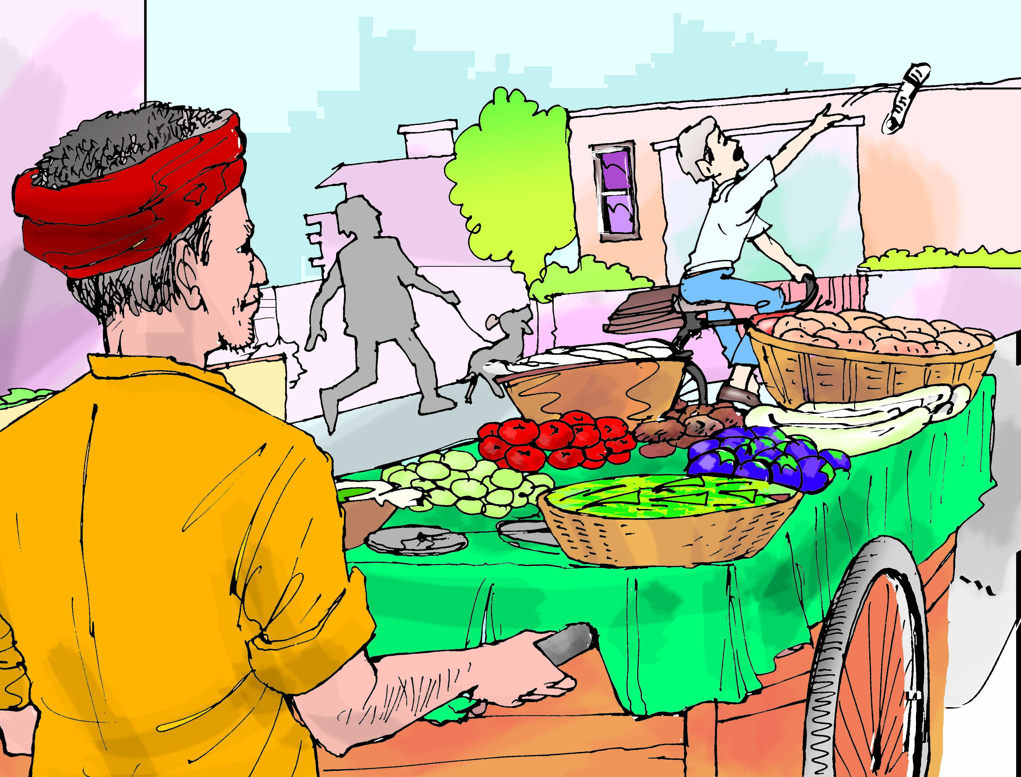 आदमी सब्जी का ठेला लेकर जा रहा है