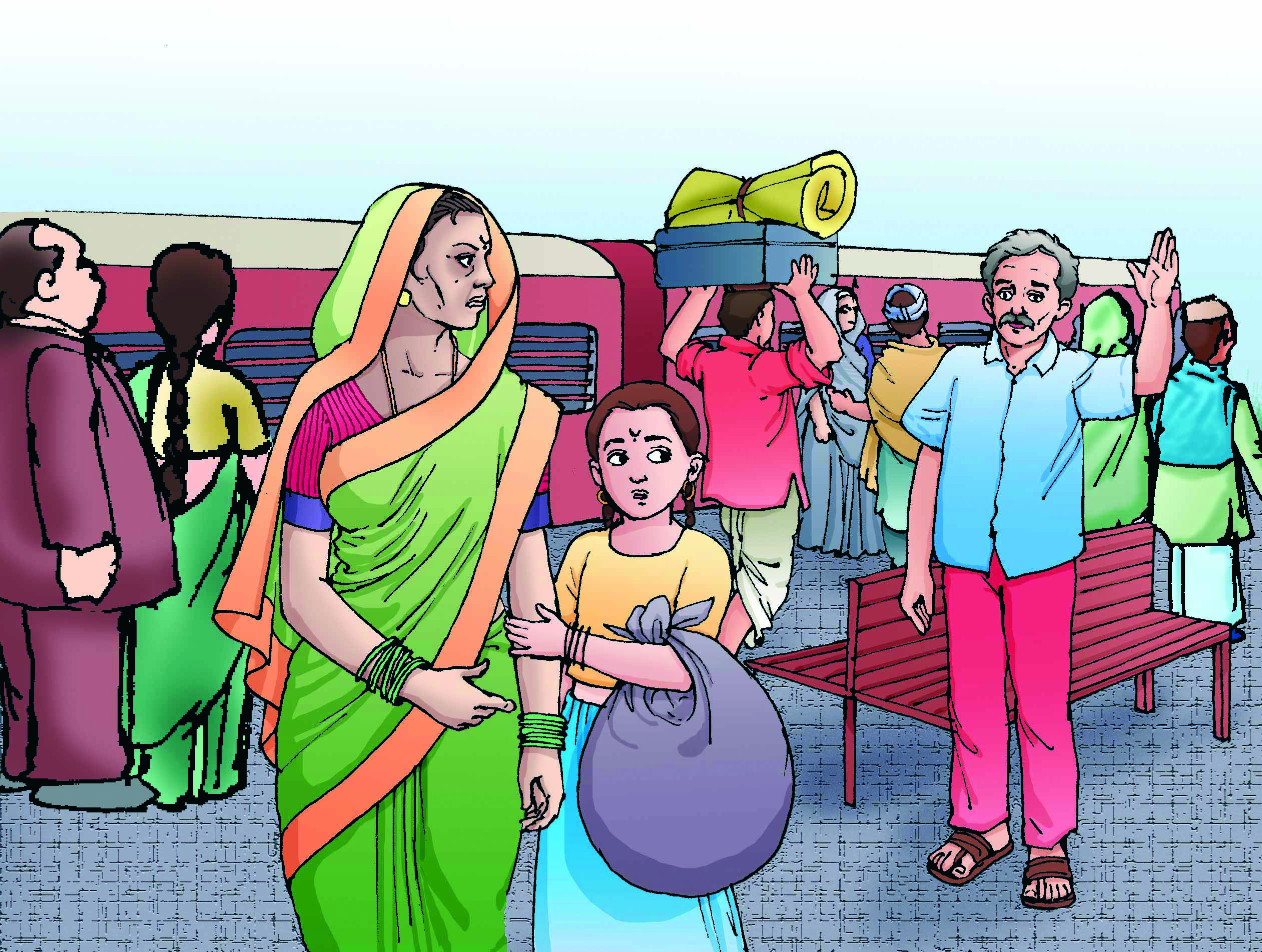 रेल्वे स्टेशन पर कुछ लोग खड़े हैं 