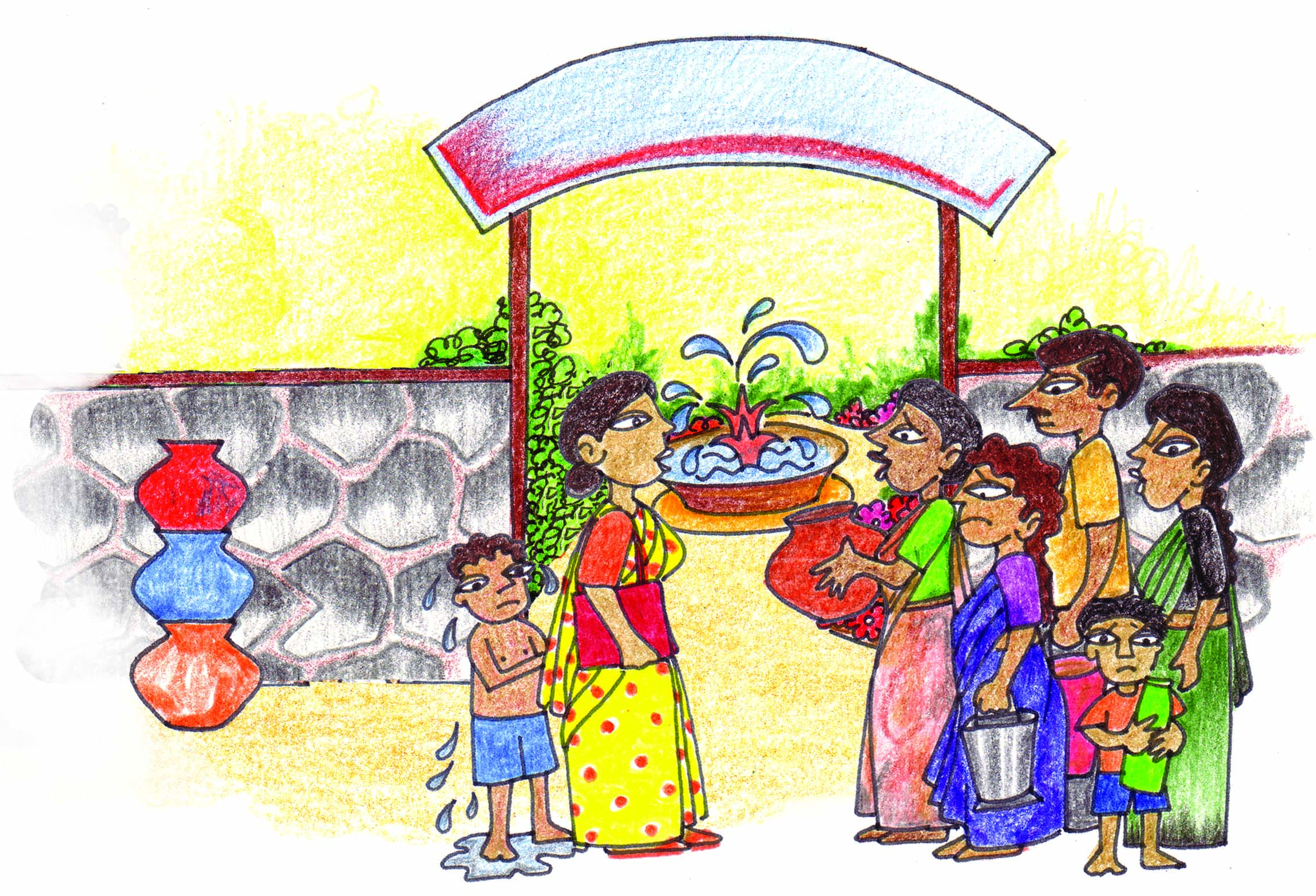 कुछ लोग वॉटर पार्क के बाहर बात कर रहे हैं