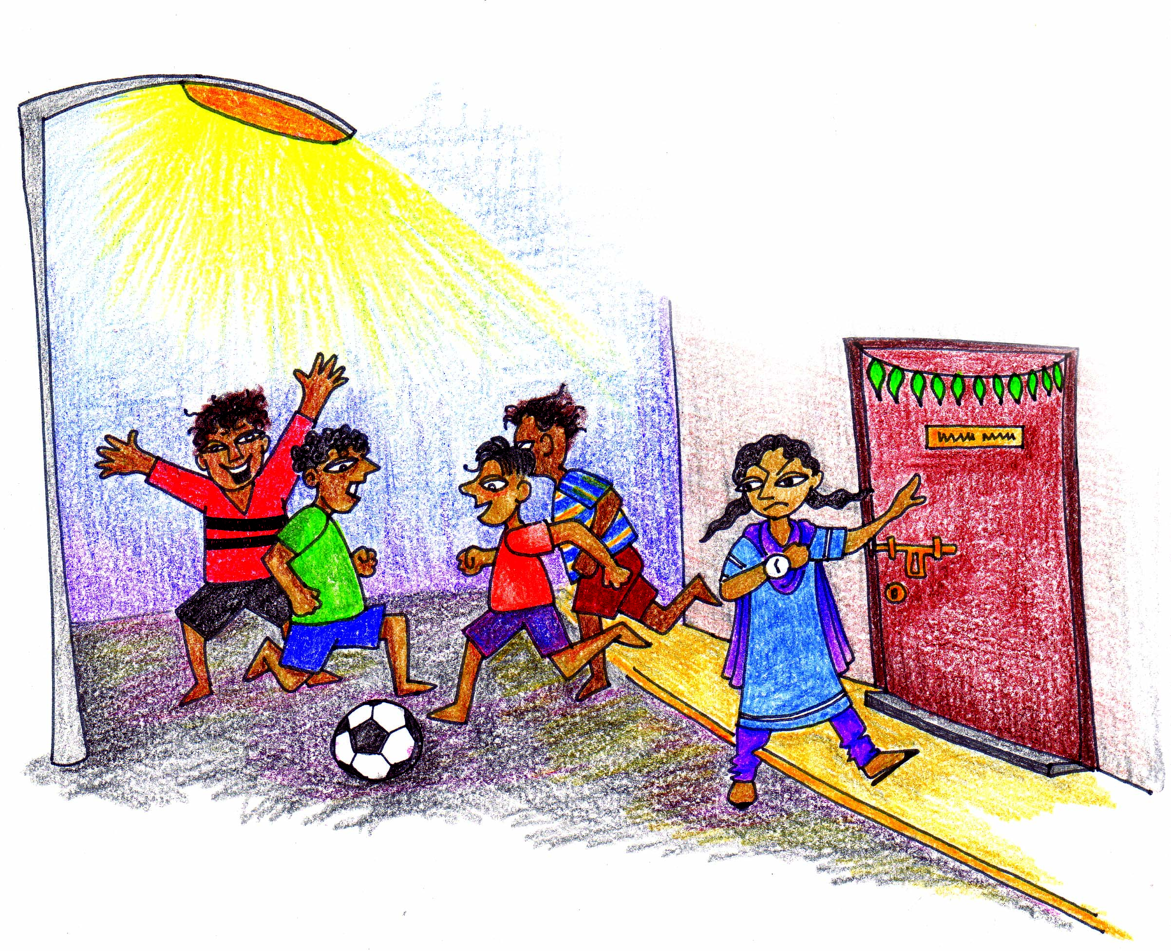 कुछ लड़के फूटबाल खेल रहे हैं और एक लड़की दरवाजे की तरफ जा रही है 