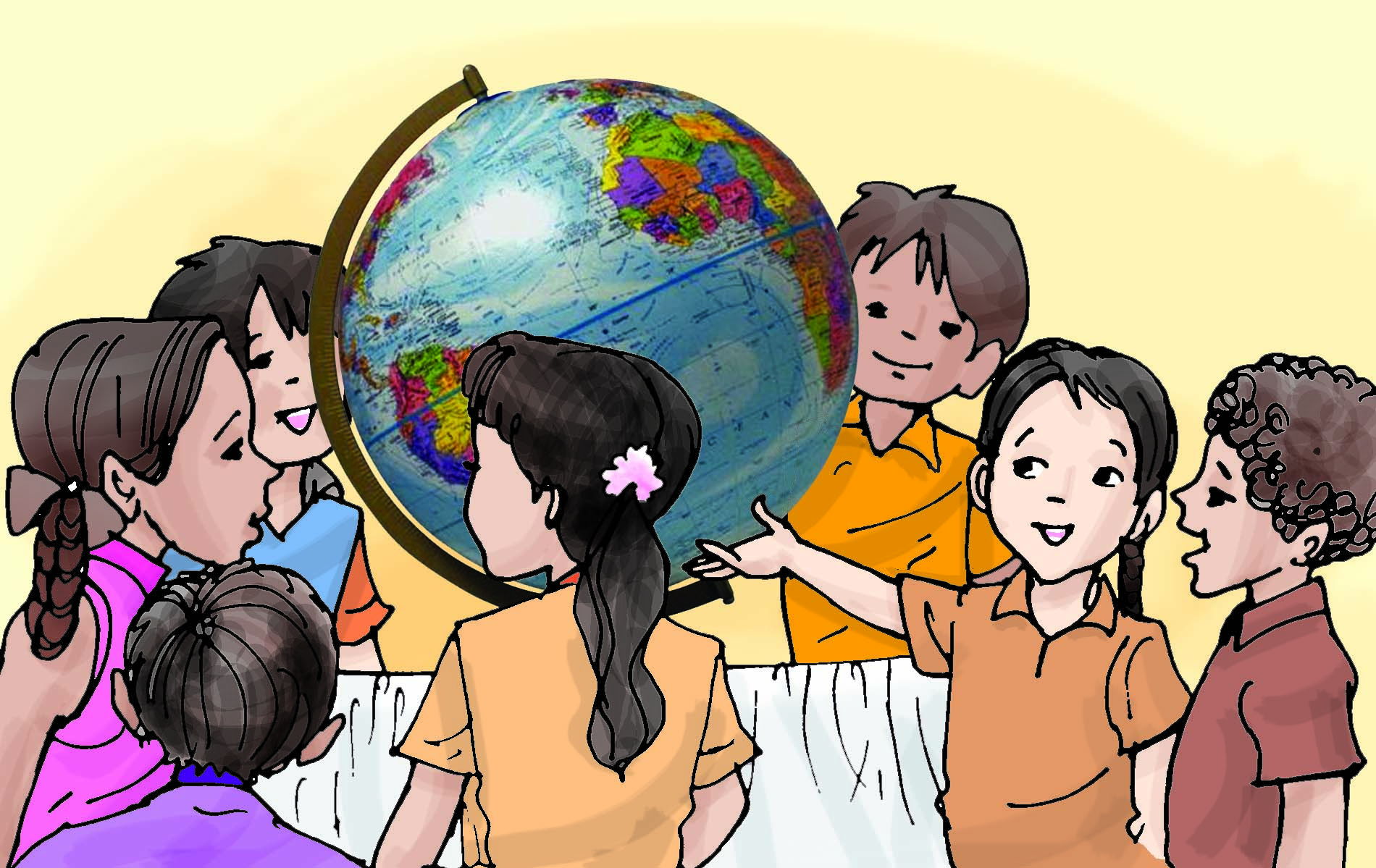 कुछ बच्चे ग्लोब देख रहे हैं 