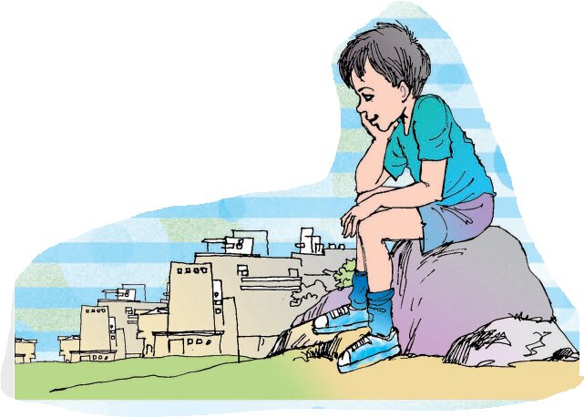 बच्चा पत्थर पर बैठा कुछ सोच रहा है 