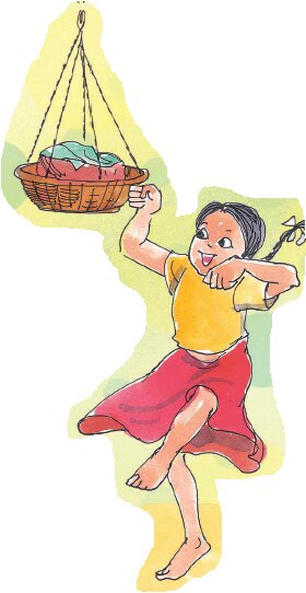 लड़की टोकरी में झांक रही है 