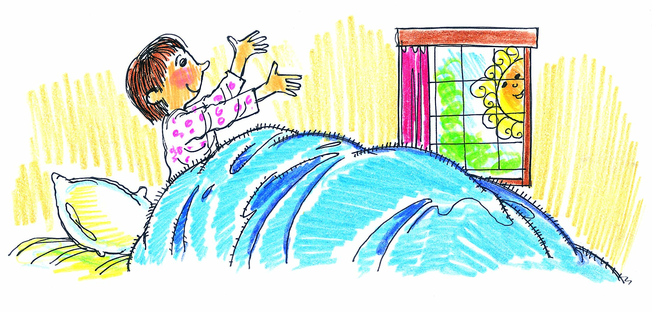 एक छोटी लड़की बिस्तर में खुश होकर बैठी है 