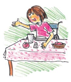 लड़की मेज़् पर खाना खाते हुए कुछ मांग रही है 