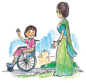 लड़की पहिया कुर्सी पर बैठकर जा रही है 