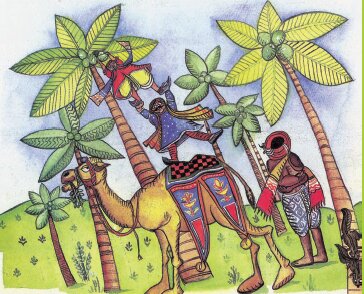 ऊंट पर खड़े होकर एक आदमी भीखूभाई को पकड़ रहा है 