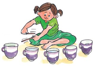 एक लड़की पानी से भरे हुए प्यालों को डंडी से बजा रही है 