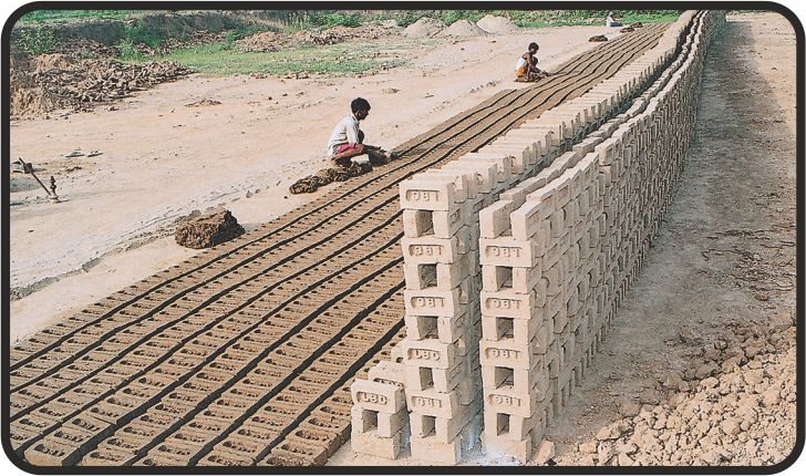 धूप में ईंटें सूख रही हैं। 