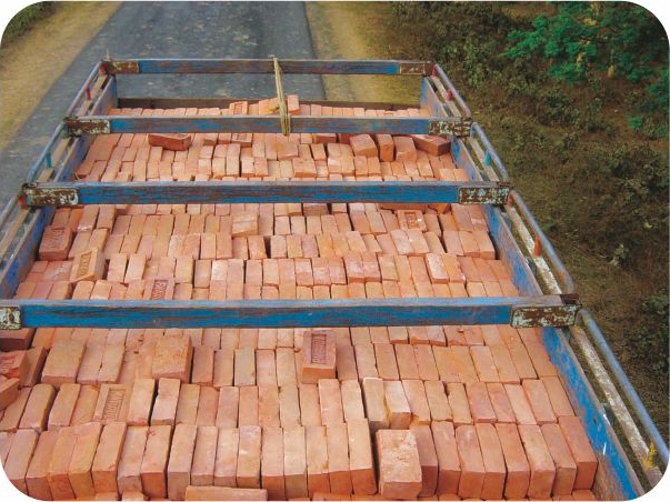 ट्रक में रखी ईंटों का ऊपर से लिया गया चित्र।