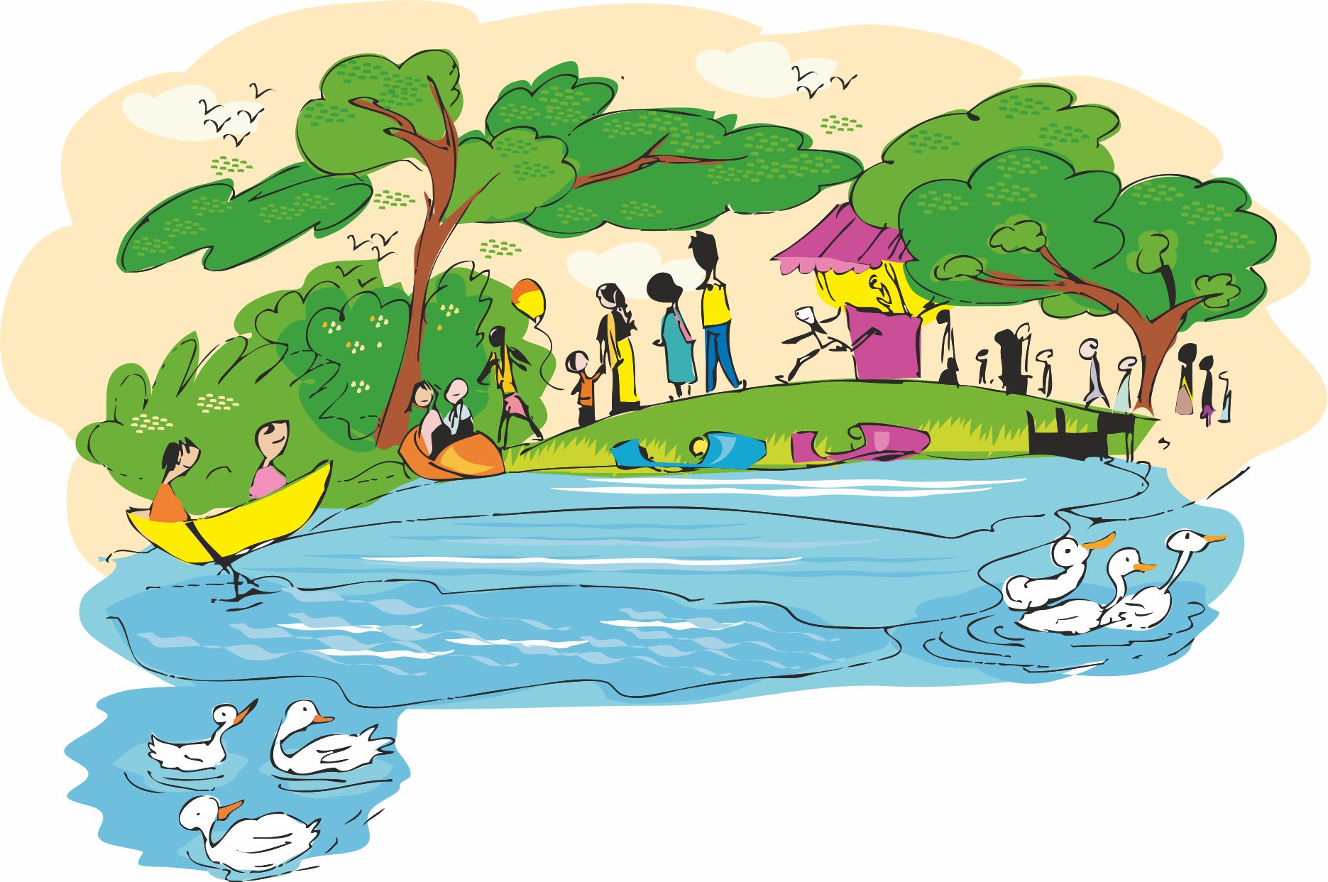 तालाब किनारे लोग घूम रहे हैं और कुछ लोग तालाब में नाव की सैर कर रहे हैं।  