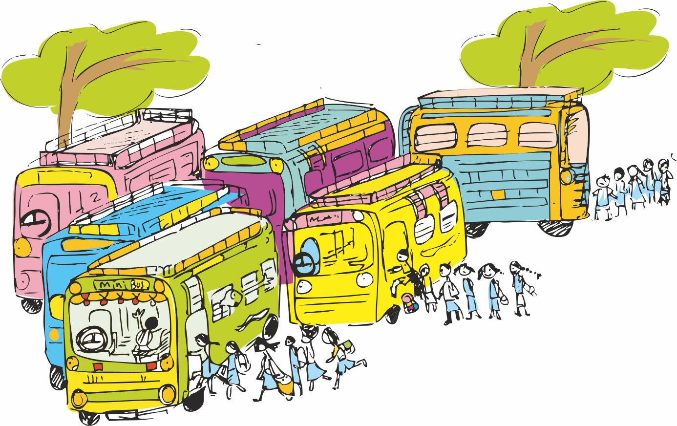 बच्चे स्कूल बस में चढ़ रहे हैं।  