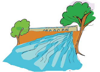 बहती हुई नदी और उसपर बना पुल का चित्र।  