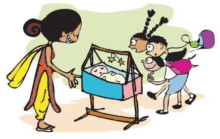 सब लोग झूले में झूलते हुए बच्चे को देख रहे हैं।  