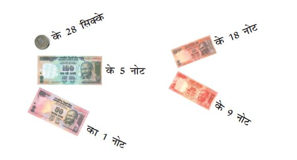 5 रुपये के 28 सिक्के।, 10 रुपये के 18 नोट।, 100 रुपये के 5 नोट।, 20 रुपये के 9 नोट। ,  50 रुपये का 1 नोट।. 