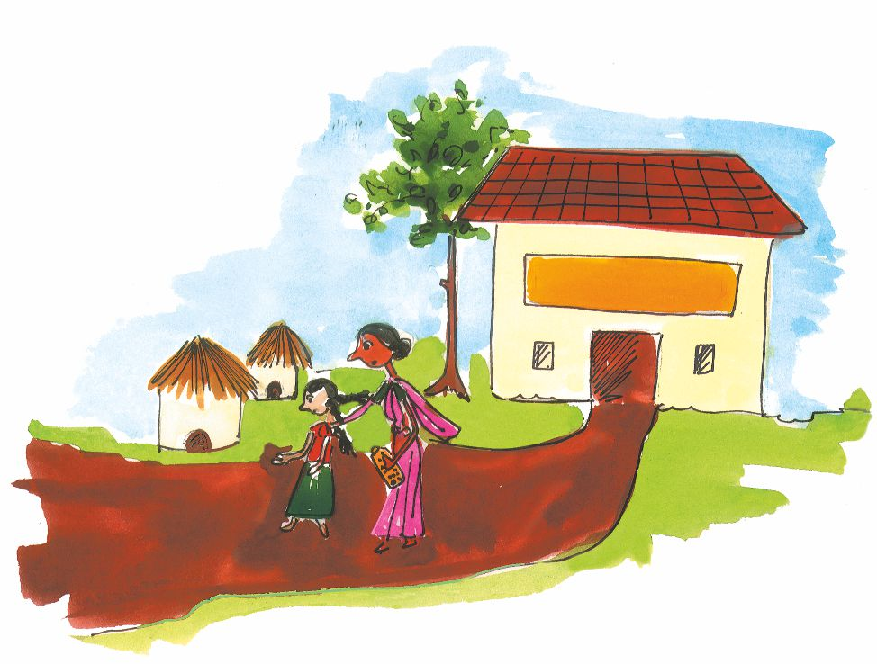 एक औरत और छोटी लड़की रास्ते पर चल रहे हैं। 