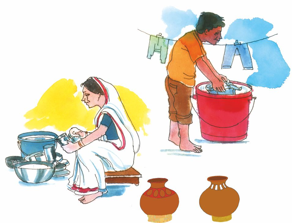 महिला बर्तन धो रही है और आदमी कपड़े धो रहा है। उनके पास दो मटके रखे हैं। 