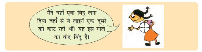 लड़की गोले में जहां लाइनें एक-दूसरे को काट रही हैं, उसको केंद्र बिन्दु दिखा रही है। 