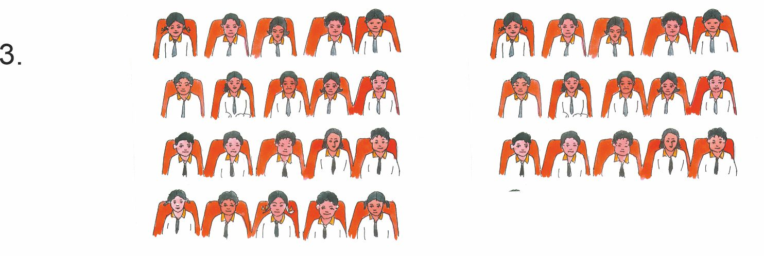 35 विद्यार्थी 7 पंक्तियों में बैठे हैं। 