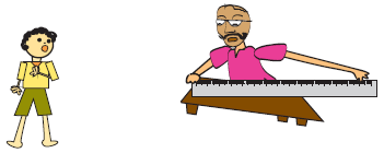 ट्रेलर मीटर स्केल से कपड़ा नाप रहा है और बच्चा सामने खड़ा है।  