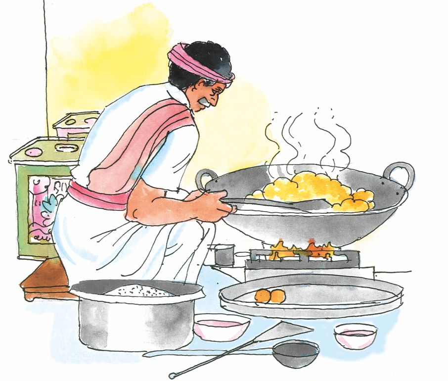 आदमी बड़ी कड़ाई में मिठाई बना रहा है। 