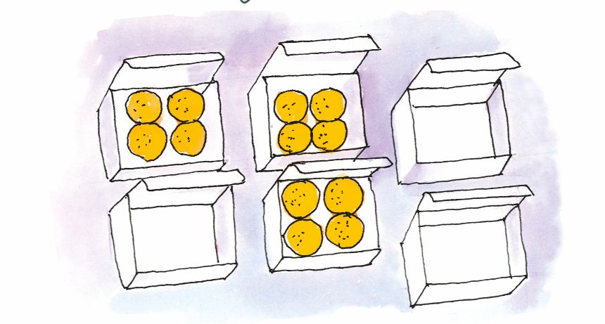 छः डिब्बे हैं जिनमें से तीन डिब्बों में चार-चार लड्डू हैं। 