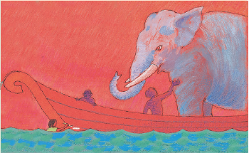 हाथी नाव में खड़ा है और वेदिका की बेटी पानी का नया स्तर नाप रही है।  