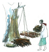 बड़ा तराजू जिसमे आदमी लकड़ियाँ तोल रहा है।  