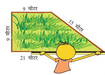किसान खेत की मीटर स्केल से लंबाई और चौड़ाई नाप रहा है। खेत एक तरफ से 21 मीटर और सामने से 9 मीटर चौड़ा है और लंबाई में एक तरफ से 9 मीटर और सामने से 15 मीटर का है।  