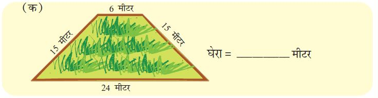 चित्र क- समलम्ब आकार का खेत जिसमे समानांतर भुजाएं 24 मीटर और 6 मीटर की हैं और तिरछी भुजाएं 15 मीटर प्रति है।