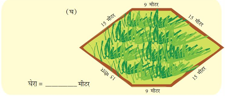 चित्र घ- छः भुजाओं वाले आकार का खेत है। भुजाओं की लंबाई 15 मीटर, 9 मीटर और 15 मीटर हैं। सामने की भुजाएं इसके बराबर की ही हैं। 