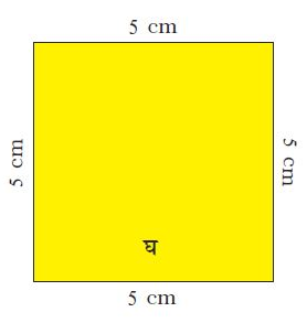 आकृति "घ" एक वर्ग की है जिसकी सभी भुजाएं 5 cm  की हैं। आकृति "ड़" की सभी भुजाओं से दो दो 1 cm के  छोटे वर्ग काट रखे हैं ।   