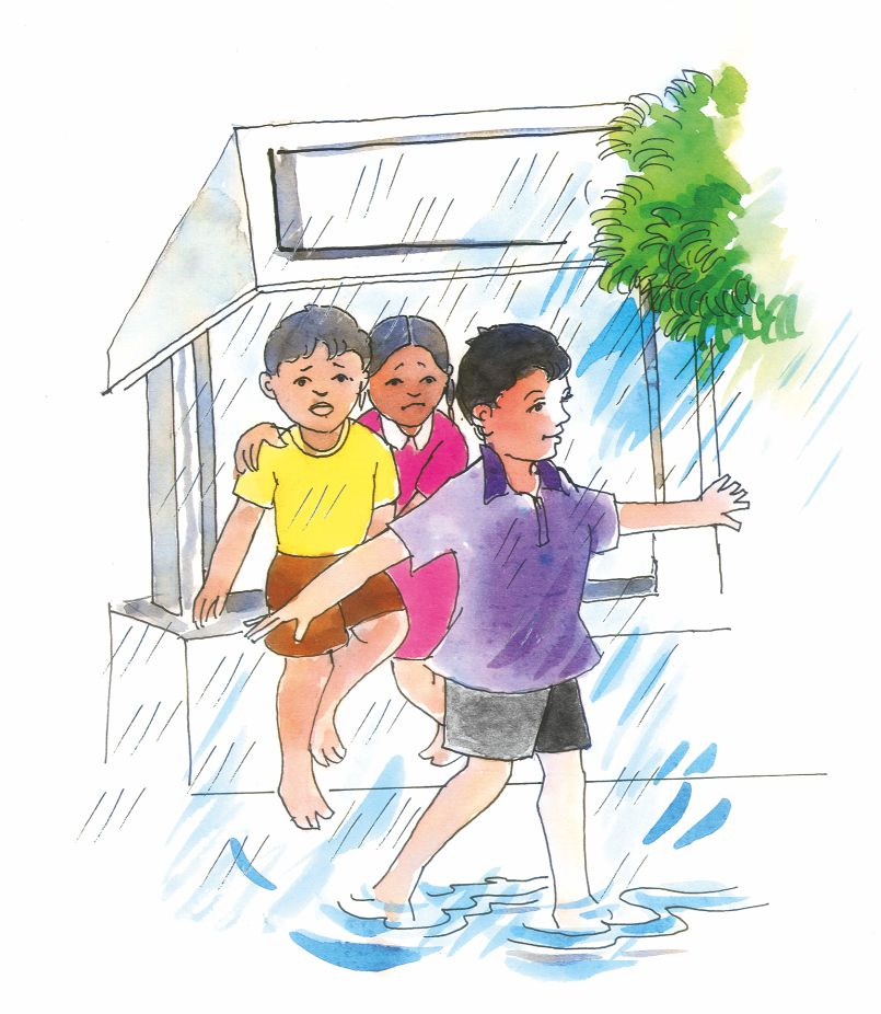 दो बच्चे बारिश से छिपकर बैठे हैं और एक बच्चा बारिश में भीग रहा है।  