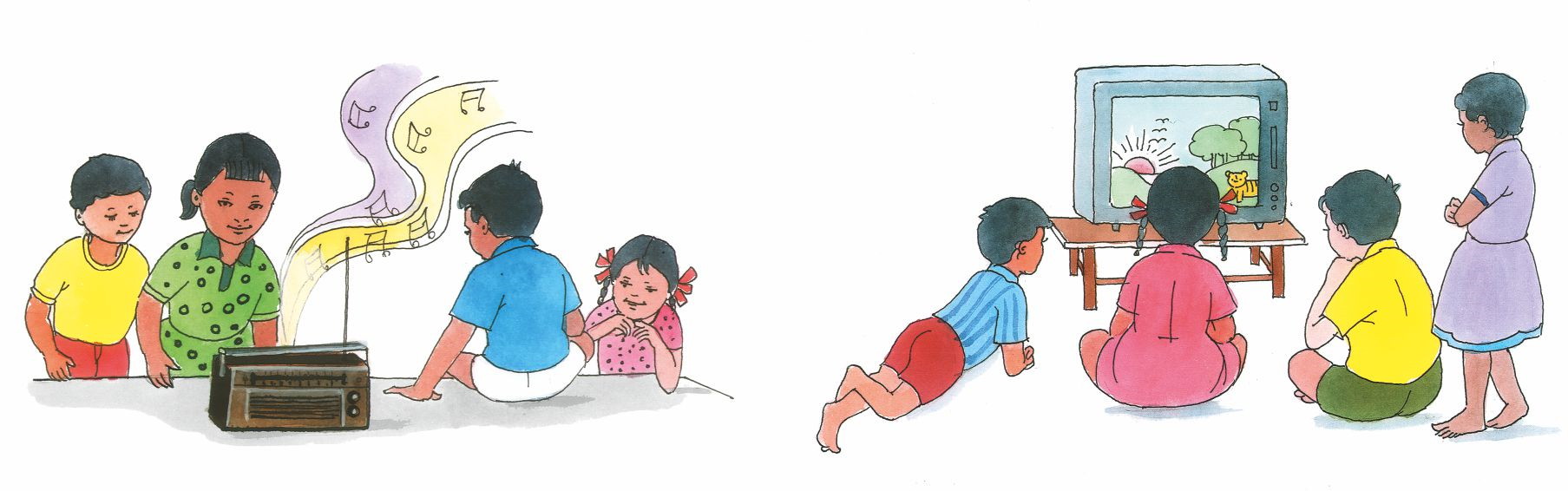 कुछ बच्चे रेडियो सुन्न रहे हैं और कुछ बच्चे टेलीविजन देख रहे हैं।  