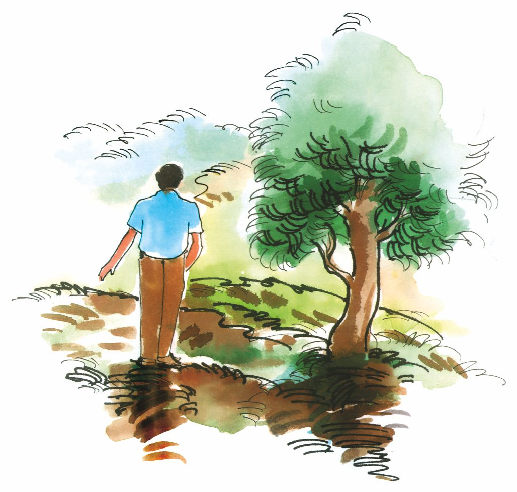 आदमी पेड़ के साथ खड़ा है।  