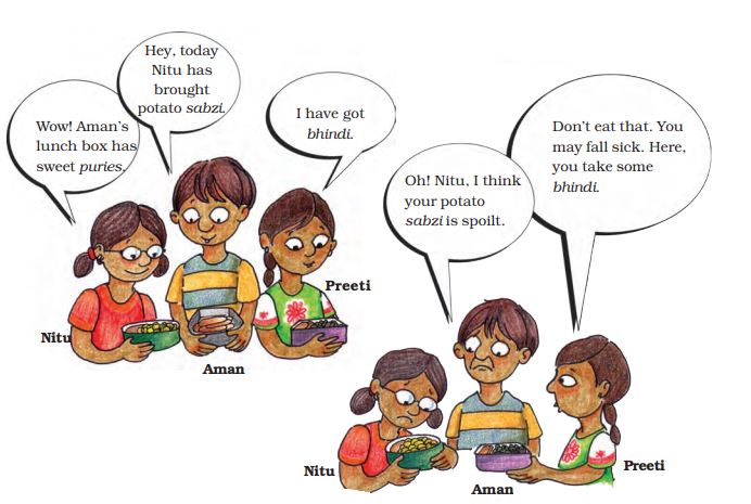 Three kids Nitu, Aman and Preeti are discussing about food items in their lunch boxes.