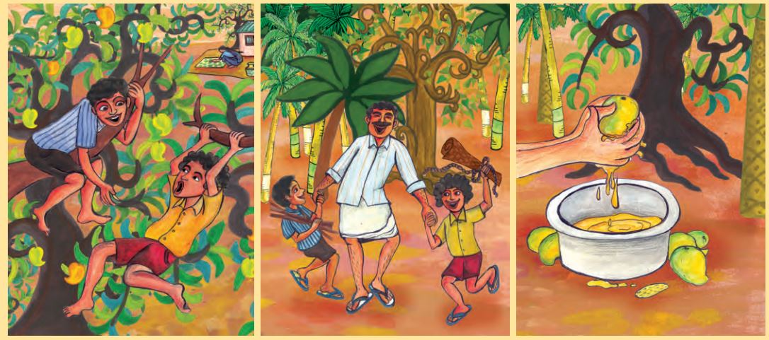 Two boys are playing and sitting on the branches of a tree in the first picture. They are playing with a man in the second picture and a man is squeezing the pulp out of mango in a pot. Few mangoes are lying near the pot.
