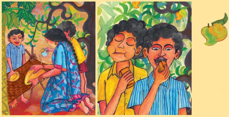 The first picture shows a lady spreading the mango pulp layer on a mat and the two boys are sitting near the lady. Second picture shows the two boys eating a sweet made out of mangoes.