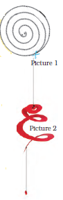 Picture one shows a piece of paper cut in spiral shape. Picture two shows a snake cut out of a piece of paper and a thread is hung to it.